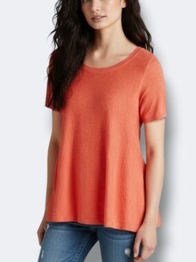 Anthropologie Moth Button Back Top Women Large Orange Knit Short Sleeve Casual